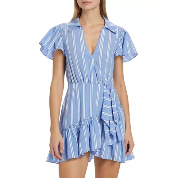 Cinq à Sept 'Lila' Ticking Stripe Wrap-Style Mini-Dress, Oxford Blue - Picture 2 of 5